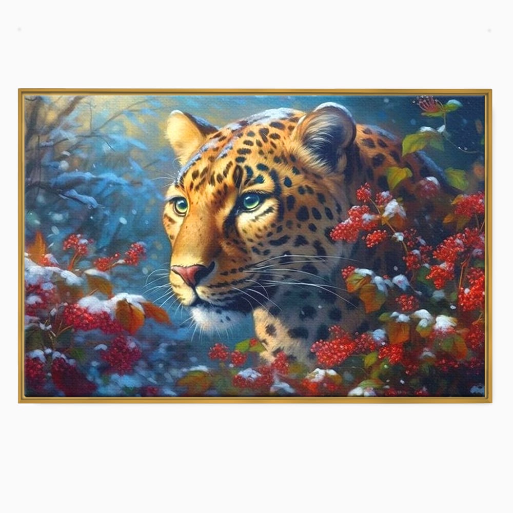 Tablou canvas cu tablou canvas cu jaguar in zapada, in rama de aluminiu auriu